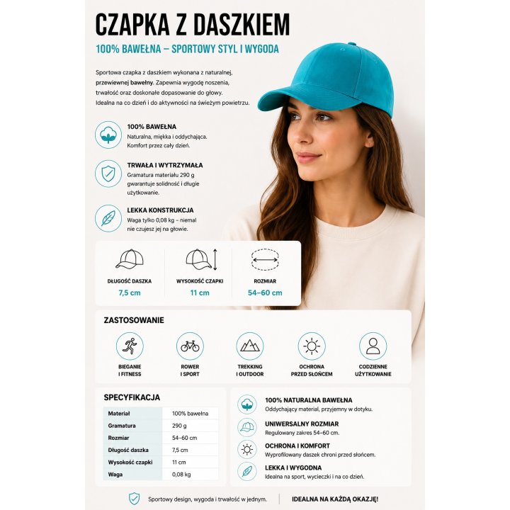 Czapka z daszkiem Turquoise CZ 6P TU