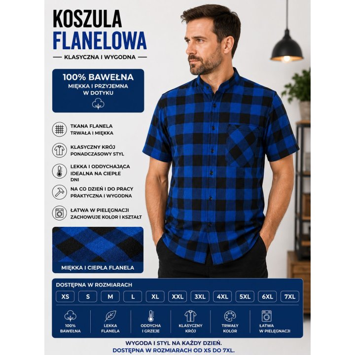 Koszula krótki rękaw flanelowa  niebieska B-27