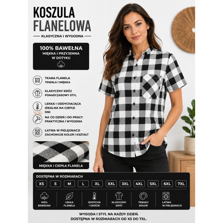 Koszula bawełniana krótki rękaw biało czarna B-27