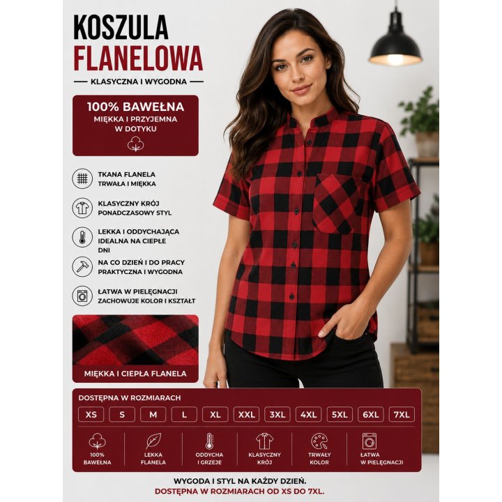 Koszula flanelowa krótki rękaw czerwona B-27