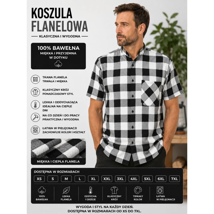 Koszula bawełniana krótki rękaw biało czarna B-27