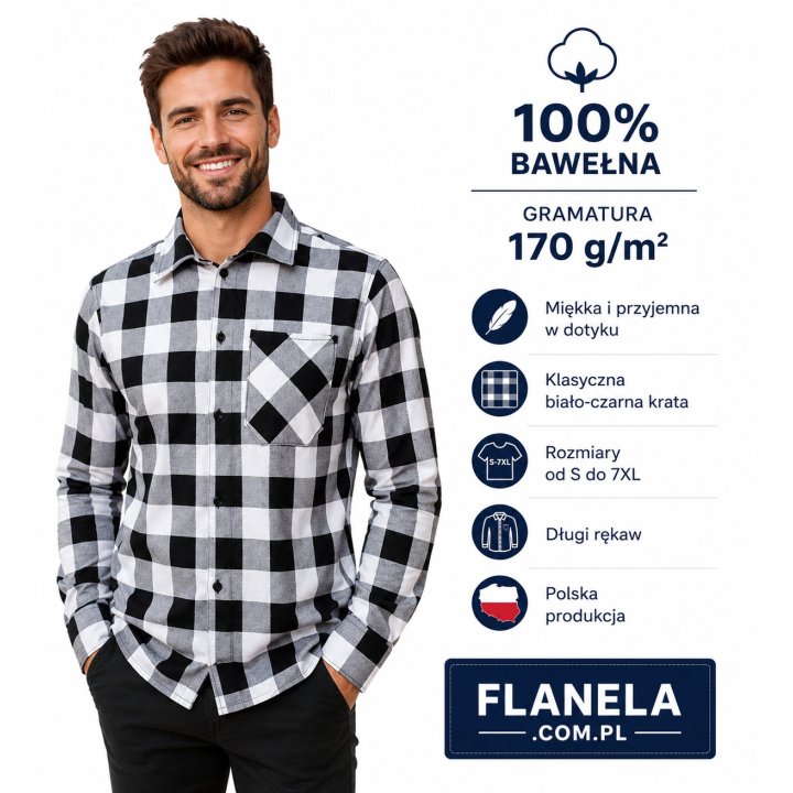 Koszula flanelowa biało czarna 170 gr