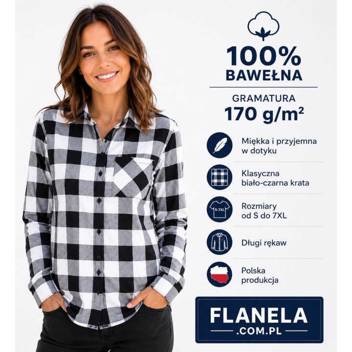 Koszula flanelowa biało czarna 170 gr