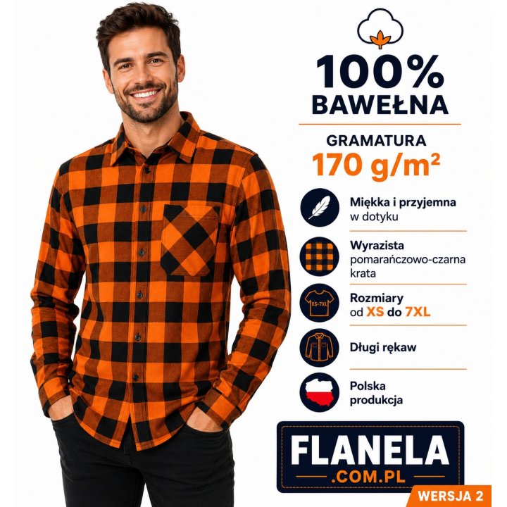 Koszula flanelowa pomarańczowo czarna 170 gr/m2