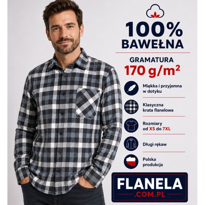 Koszula flanelowa szaro biała 170 gr/m2  bawełna 100%