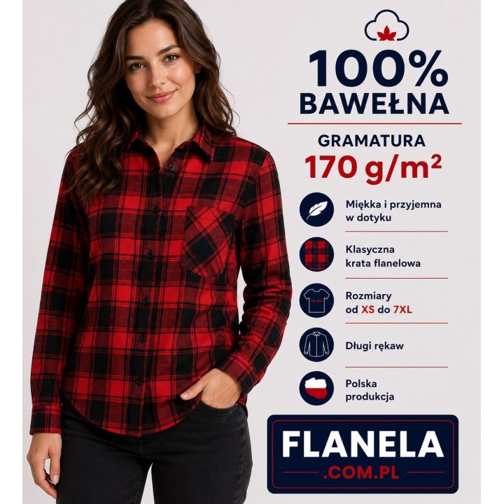 Koszula flanelowa czerwona Bragio 170 gr/m2  bawełna 100%