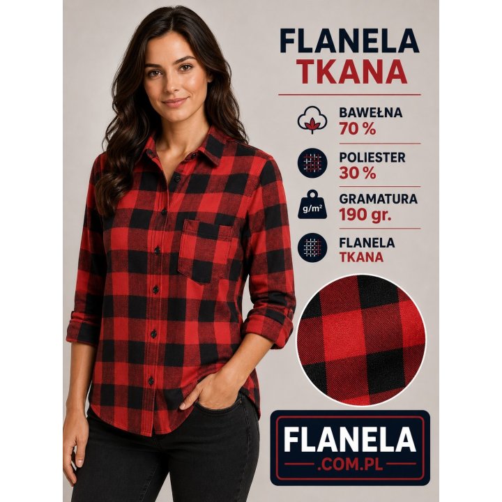 Koszula tkana flanelowa czerwono czarna 190 gr.