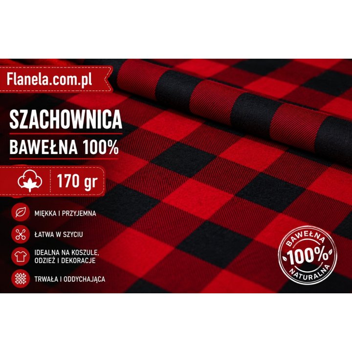 Flanela czerwono-czarna 170 g/m2 krata