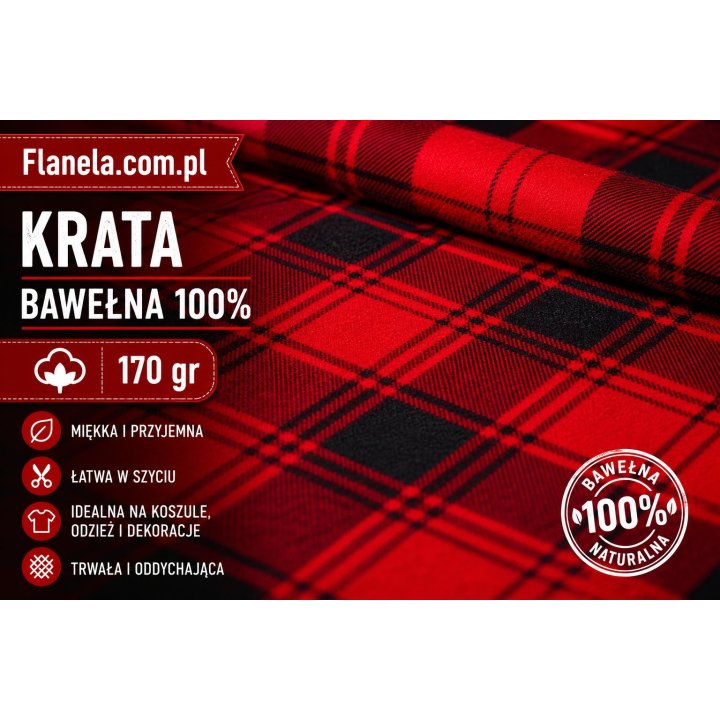 Flanela czerwona Bragio  170 g/m2 krata