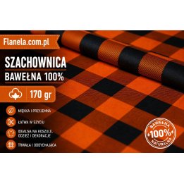 Flanela bawełniana pomarańczowo czarna  170 g/m2 krata