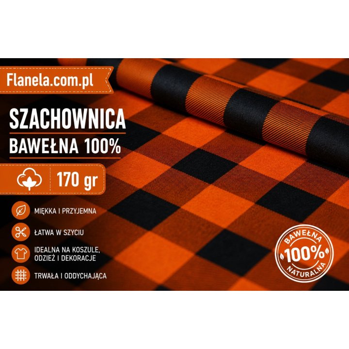Flanela bawełniana pomarańczowo czarna  170 g/m2 krata