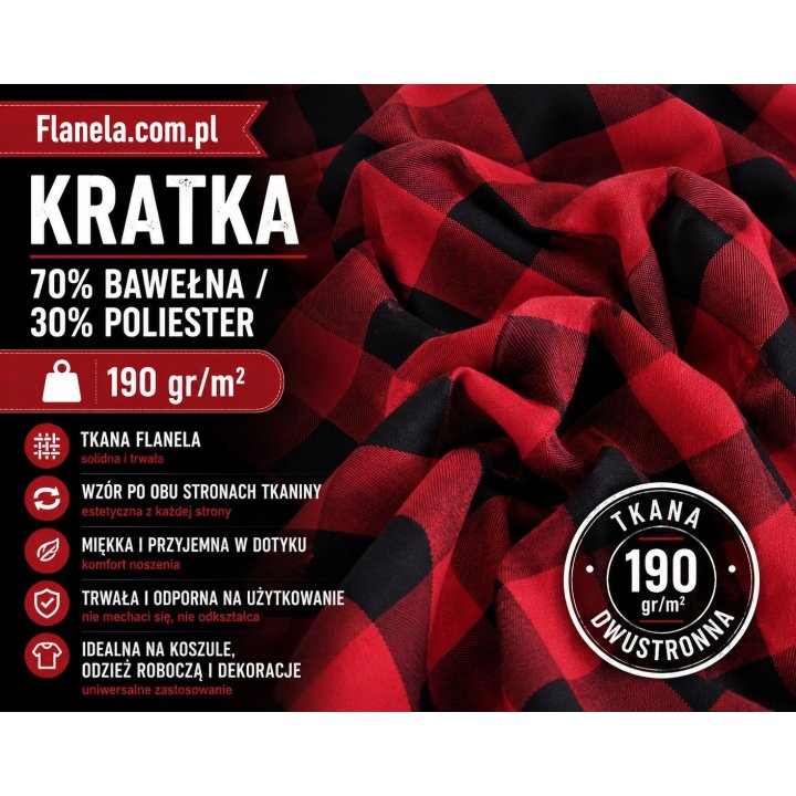 Flanela tkana czerwona 190 g/m2 Krata