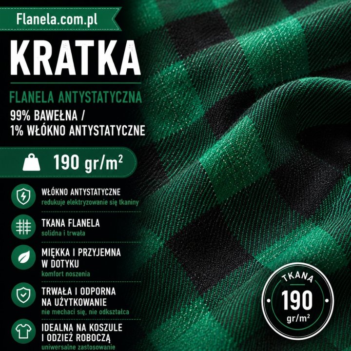 Flanela antystatyczna zielona 190 g/m2 Krata