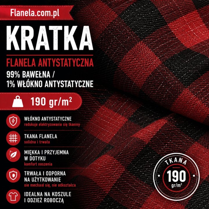 Flanela antystatyczna czerwona 190 g/m2 Krata
