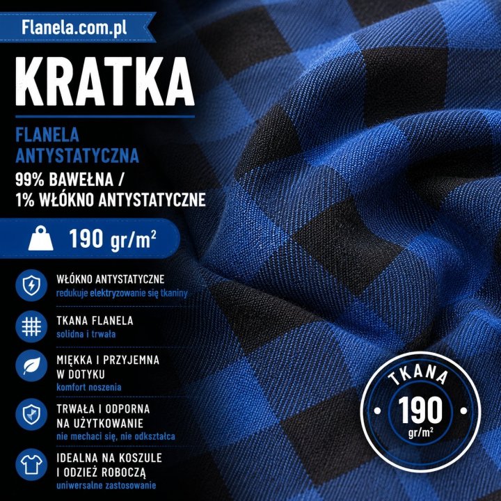 Flanela antystatyczna niebieska 190 g/m2 Krata