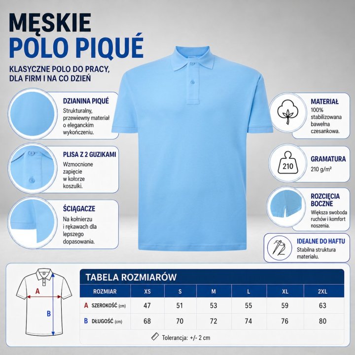 Polo męskie 210 g/m²- Niebieski Jasny