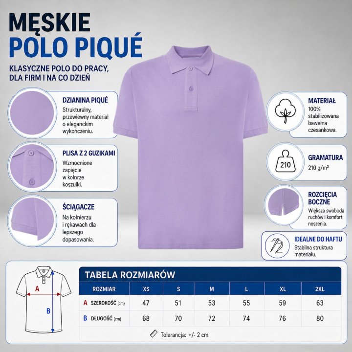 Polo męskie 210 g/m²- Lawendowy