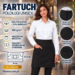 Fartuch gastronomiczny – zapaska półdługa unisex z podwójną kieszenią 180 g/m² – czarna