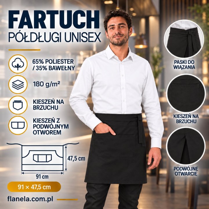 Fartuch gastronomiczny – zapaska półdługa unisex z podwójną kieszenią 180 g/m² – czarna