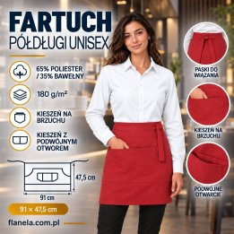 Fartuch gastronomiczny – zapaska półdługa unisex z podwójną kieszenią 180 g/m² – czerwony