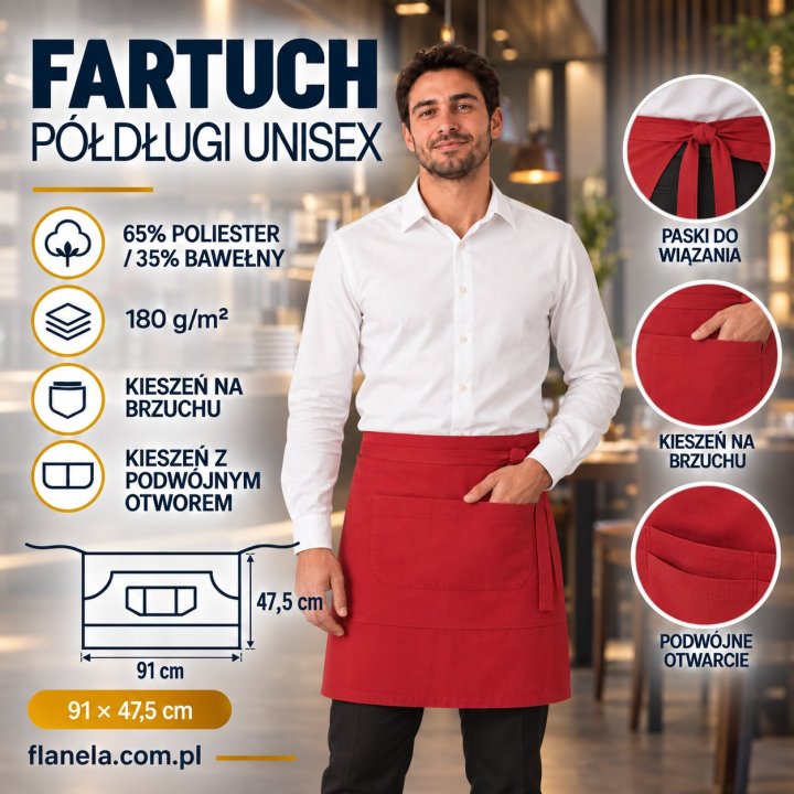 Fartuch gastronomiczny – zapaska półdługa unisex z podwójną kieszenią 180 g/m² – czerwony