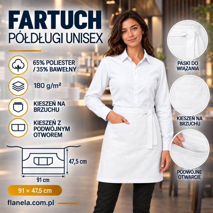 Fartuch gastronomiczny – zapaska półdługa unisex z podwójną kieszenią 180 g/m² – biała.