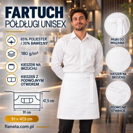 Fartuch gastronomiczny – zapaska półdługa unisex z podwójną kieszenią 180 g/m² – biała.