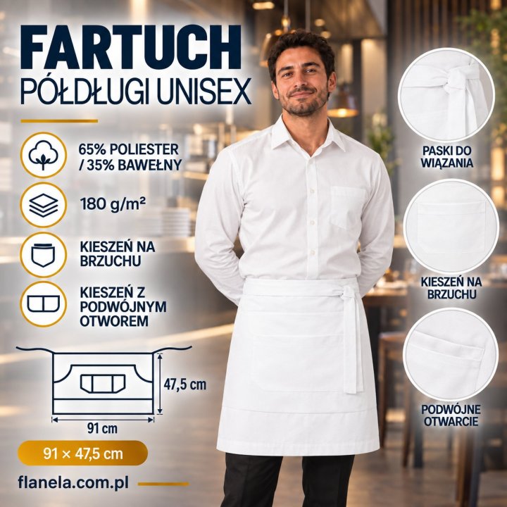Fartuch gastronomiczny – zapaska półdługa unisex z podwójną kieszenią 180 g/m² – biała.