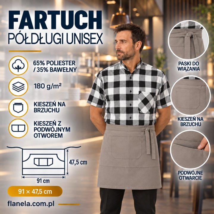 Fartuch gastronomiczny – zapaska półdługa unisex z podwójną kieszenią 180 g/m² – ciepły szaro beżowy/Zinc.